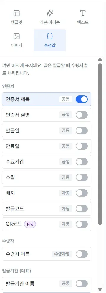 The advanced editing Attributes tab, the full list of certificate, recipient, and issuer items to toggle